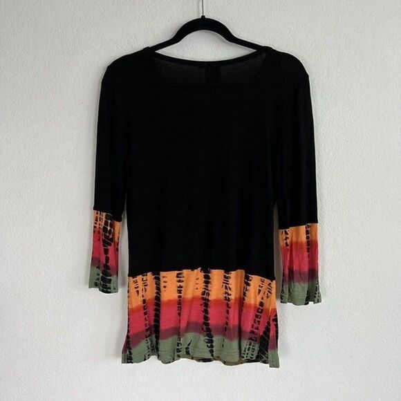Parsley & Sage Women’s Boho Dip Tie Dye Accent Black Stretch Tunic Blouse Small - Picture 2 of 10